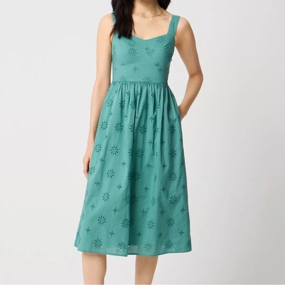 J.Crew Mineral Green Eyelet Cotton Midi Sundress Pockets Fit Flare Size 8 - Picture 3 of 14